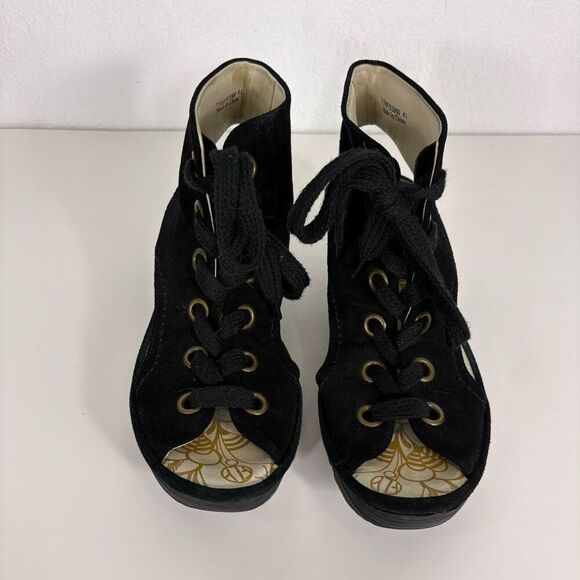 Fly London Black Suede Cutout Side & Open Toe Wedge Sandals Size 10-10.5 - Picture 5 of 12